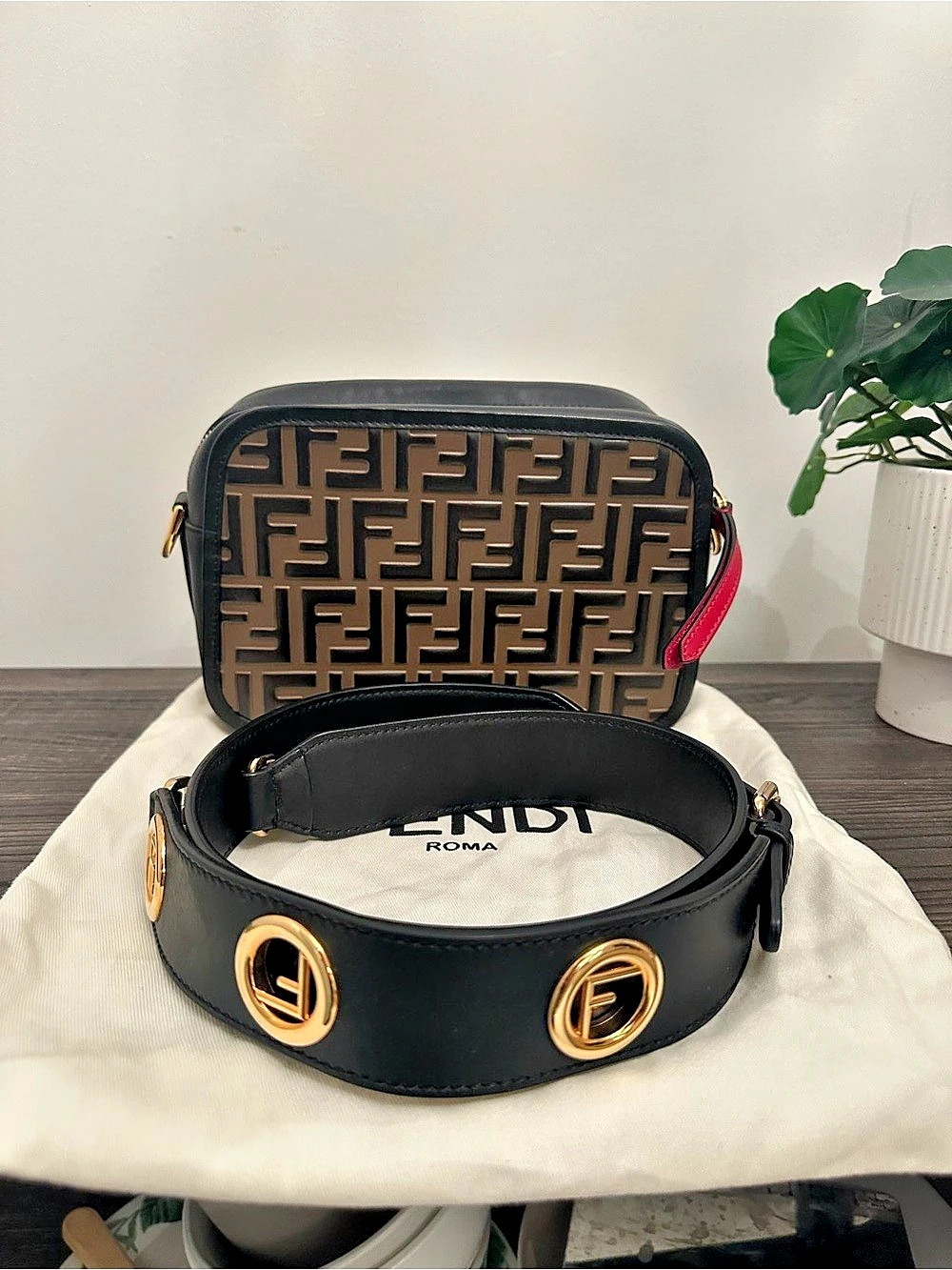 Fendi Embossed FF Mini Camera Case Crossbody Bag Black & Red